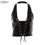 fashion punk black leather hollwo crop tops womens camisole 2020 summer fashion stretch tees Slim Soft leather tank