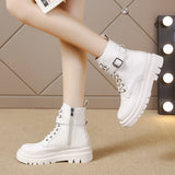 Punk Ankle Thick-soled Motorcycle Ankle Boots Women's Lace-up Spring Thick Heel Belt Buckle Pocket Designer Chunky