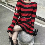 Zingj Hole Hollow Out In The Long Sweater Female Stripe Loose Color Dark Versatile Knit Niche Punk-Outfit