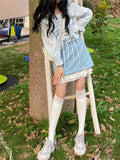Kawaii Mini Skirts Women Japanese Sweet Blue Ruffle Lace Patchwork Fairycore High Waist Pleated Skirt Soft Girl