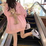 Autumn Korean Fashion Kawaii Black Hoodie Harajuku Cute Oversize Zipper Preppy Style Bear Casual Sweatshirt Women