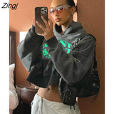Fall Winter Graphic Cropped Hoodies For Women 2022 Hooded Long Sleeve Gray Print Tops Ladies Loose Casual