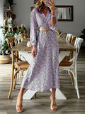 Summer New Long-sleeved Printed Dress Female V-neck Slim Waist Waist Long Skirt Bohemian Dress Female Office Lady