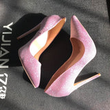 Pumps Women 12cm Thin High Heels Shoes Sexy Glitter Leather Bright Pointed Toe Female Stiletto Bling Bling LF015