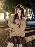 Brown V-neck Letter Print Oversize Sweater- Outfit