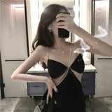 Sexy Backless Spaghetti Strap Rhinestone Dress Women Summer Black Tunics Long Midi Ladies Sexy Club Dress Fashion