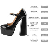 Onlymaker Women Pumps Mary-Jane Platform Black Pink Chunky 16CM High Heels Ankle Strap Dress Party Hoof Heel Plus Size