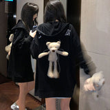 Autumn Korean Fashion Kawaii Black Hoodie Harajuku Cute Oversize Zipper Preppy Style Bear Casual Sweatshirt Women