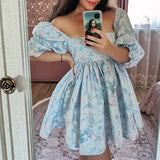 Fashion Women Blue Print Holiday Princess Party Dress Elegant Ladies Puff Sleeve Square Neck Pleat Mini Dress Short