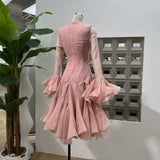 Flower Fairy Vietnamese Designer Lengthen Row Buckle Long-Sleeved Dress Petals Superimposed Geometric Tailoring Body Gentle