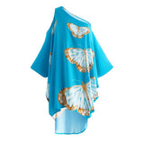 Bohemian Printed Blue Long Sleeve Self Belted Kimono Dress Women Clothing Summer Beachwear One Shoulder Maxi Dress