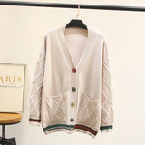 Casual Cardigan Sweater Women Were Thin Color Button Stripe Contrast Color Long Sleeve Needle Jumpers
