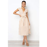 2021 Summer Sexy Deep V Neck Sleeveless Women's Dress New Fashion Casual Solid Buttons Belt Bodycon Ladies Stripe