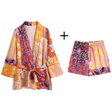 Casual Printed Women Long Blouse With Belt Loose Shirt High Waist Kimono Summer Shorts 2 pieces Optional Set