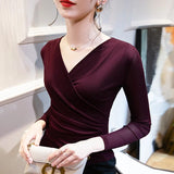 S-3XL Women V Neck Full Sleeve Mesh T Shirts Lady Elegant Elastic Black Base Tops Tees Female
