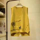 V-neck Knitted Sweater Vest Femal Cartoon Pattern Frill Loose Sleeveless Bottoming Pullover Sweater Vest Women