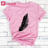 Women Casual Harajuku Fashion T-shirt Feather Print Loose O-neck Short Sleeve Elastic Stretched Summer Home New Tee
