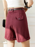 High Waist Straight Wide Leg Women Shorts with Belt Spring Summer Female Crimping Loose Shorts Casual Ladies