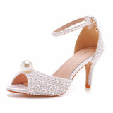 Cm Pearl Fish Mouth High Heel Sandals Shallow Buckle With Large-Size Round-Head High Heel White Ribbon Wedding