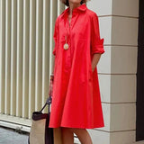 Long Sleeve Loose Party Dresses Autumn New Turn Down Collar Button-up Shirts Dress Women Office Casual Solid Midi