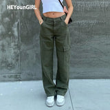 Casual Vintage Green Cargo Pants Women Fashion Cotton High Waist Jeans Army Military Denim Trousers Ladies