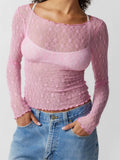 Women Lace Floral T-shirts Crop Tops Long Sleeve Slim Mesh Sheer See Through Tees Shirts Summer Party Streetwear