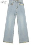 Waist Loose Washed Blue Straight Wide Leg Jeans Women Raw Edge Denim Pants Zipper Y2k Pantalones Street Full