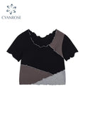 Sleeve T-shirts Women Clothing 2022 Summer O-Neck Tees Vintage Elegant Agaric Lace Slim Casual Patchwork Ladies Tops
