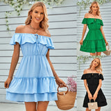 Women's Spring And Summer Casual Off-Shoulder Flounces Solid Color Dress