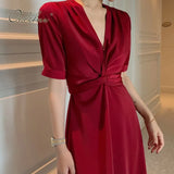 2022 Summer Women Satin Dress Short Sleeve Vintage Elegant Lady Office Red Blue Yellow Sexy Silk Party Midi