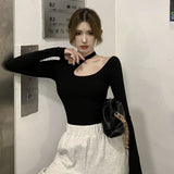 Women Tshirt Autumn Hanging Neck Long Sleeve Sexy Bottoming Shirt Slim Fit In Autumn And Winter Thin Collarbone Outer