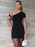 Black Contrast Seam One-Shoulder Short Sleeve Mini Dress-Outfit