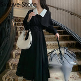 Black Midi Shirt Dress Women Gothic One Piece Dress Korean Fashion Y2k Vintage Trench Dress Office Lady Autumn
