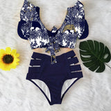 Ruffled Hem Bikini Set Women Flora V-Neck High-Waisted Two Piece Swimsuit 2023 Girl Beach Bathing Suit Swimwear