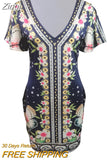 Women Elegant Dress Vintage Floral Print Ruffles Bodycon Dress for Party Cocktails Casual Mini Dress Vacation