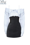Women's Two Piece Set Suit Vintage Long Sleeve Stripe Shirt Female Elegant Fashion Party Club Package Hip Black Skirt Suit