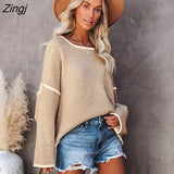 PETAL Contrast Trim Sweater For Woman Casual Loose O-neck Long Sleeve Waistcoat 2023 Autumn Winter Pullover Top