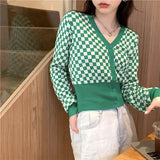Vintage Black Plaid Knit Sweater Women V-neck Long Sleeve Crop Tops Checkerboard Y2k Ladies Sexy Cardigan
