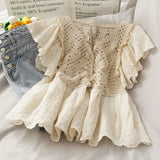 crocheted V-neck hollow lace shirt women 2021 summer new girl loose thin short-sleeved