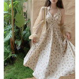 Zingj Size Fat MM Show Thin Hot Girl Summer Hanging Neck Type Broken Flowers In The Long Skirt Fairy Temperament French Accept Waist Dress-Outfit