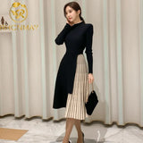 New Winter Elastic Knitted Dresses Women Color matching Lace-up Sweater Dress Fashion Slim Work Office