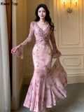 Mermaid Flare Sleeve Long Dresses Vintage Sexy Bodycon Pink Print Evening Club Robe Women Spring Summer
