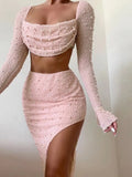 Pearl Sexy Dress Sets Women Square Collar Full Sleeve And Split Skirt Matching Sets Female Club Party Two Piece