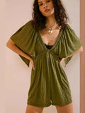 Zingj Summer V-Neck Low Chest Sexy Show Back Short Sleeve Solid Color Loose Casual