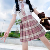 Pink JK Women Pleated Skirt Summer High Waist Fashion Tie Plaid Mini Skirt A Line Cute Sweet Japan Girls Dancing