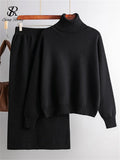 Zingj Women Gentle Knitted Suits Turtleneck Long Sleeve Loose Pullover+Elastic Waist Bodycon Skirt Winter Fashion Solid Sets 211-1-Outfit