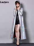 Spring Autumn Long Luxury Shiny Reflective Holographic Patent Pu Leather Trench Coat for Women European Fashion