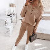Spring V Neck Buttoned Pocket Loose Long Sleeve Sweatshirts Women Training suit Drawstring Fitness Pants Set