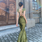 Green V-Neck Satin Jacquard Dress Women's Backless Sexy Maxi Dress Summer Ladies Robe Vintage Vestidos Female