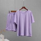 Summer Cotton Sets Women Casual Two Pieces Short Sleeve T Shirts and High Waist Short Pants Solid Outfits